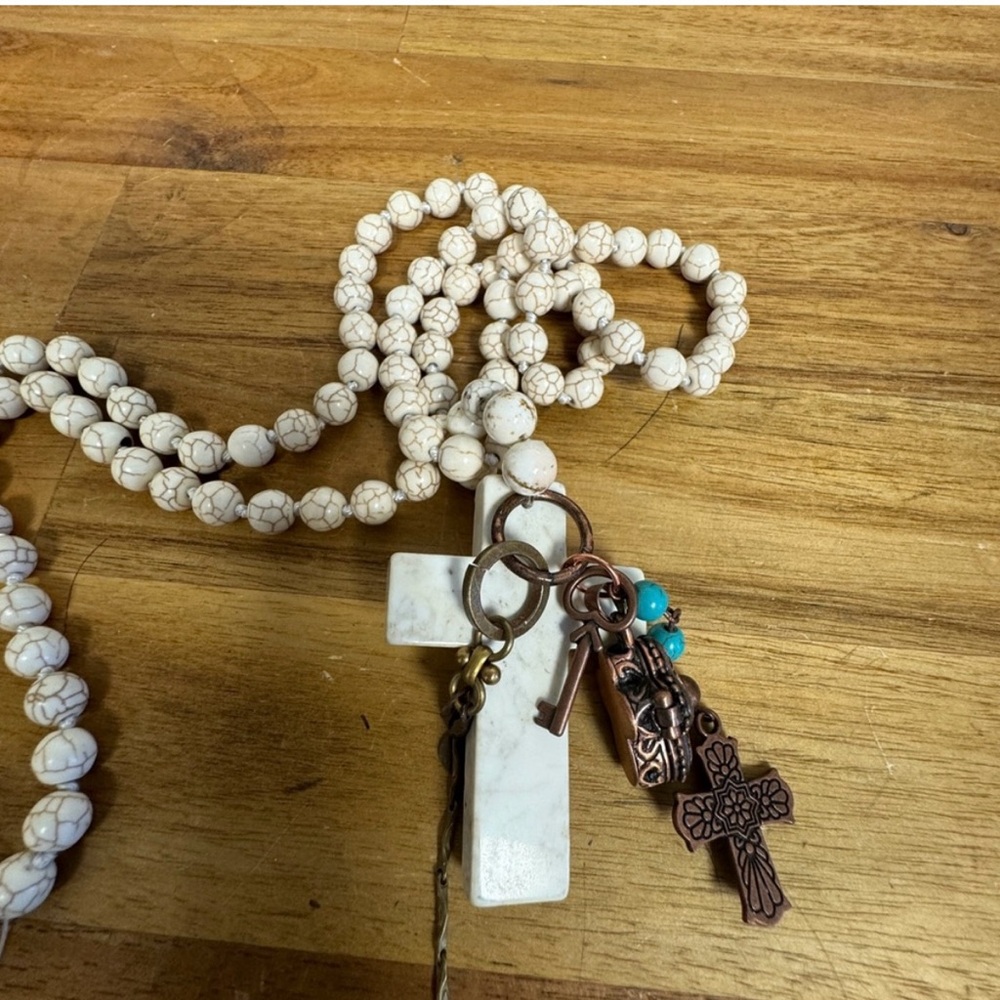 White Turquoise Long Necklace with Cross Pendant.